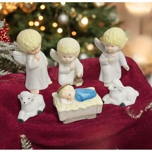 Vintage Christmas Nativity 6 Piece Ceramic Figures Angels Baby Jesus Sheep